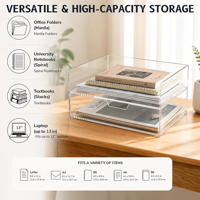 2-Tier Paper Tray Organizer with Drawer - Stackable Acrylic Desk Organizer | clear document sorter, vertical file holders, letter storage, workspace accessories, home, office, school, teachers, students