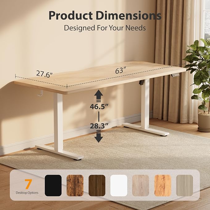 Cubiker Standing Desk, 63x28 Inches Sit Stand Home Office Desk, Electric Stand up Desk, Adjustable Desk with Splice Board, White Frame/Maple Top