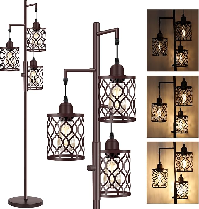 68" Farmhouse Floor lamp, Dimmable Industrial Floor Lamps for Living Room, 3 Light Rustic Standing Tall Lamp Including 3 PCS 6W E26 Bulbs, Tree Floor Lamp for Bedrooms Room, Office, Bar, Brown