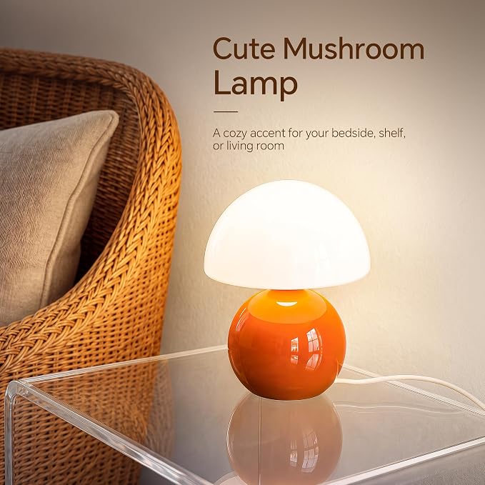 Mushroom Lamp Table Lamp for Bedroom,Desk Bedside Small Lamps for Living Room Night Stands,Mushroom Decor Cute Mini Modern Mid Century Lamps,Unique Aesthetic Home Living Room Decor(Orange)