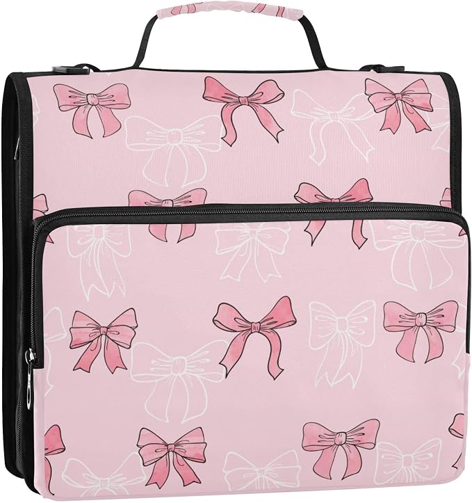 Fisyme Bows Pattern Pinks Zipper Binder 3 Ring with Zipper and Shoulder Strap Large Capacity Multi-Pocket Zipper Binder Organizer