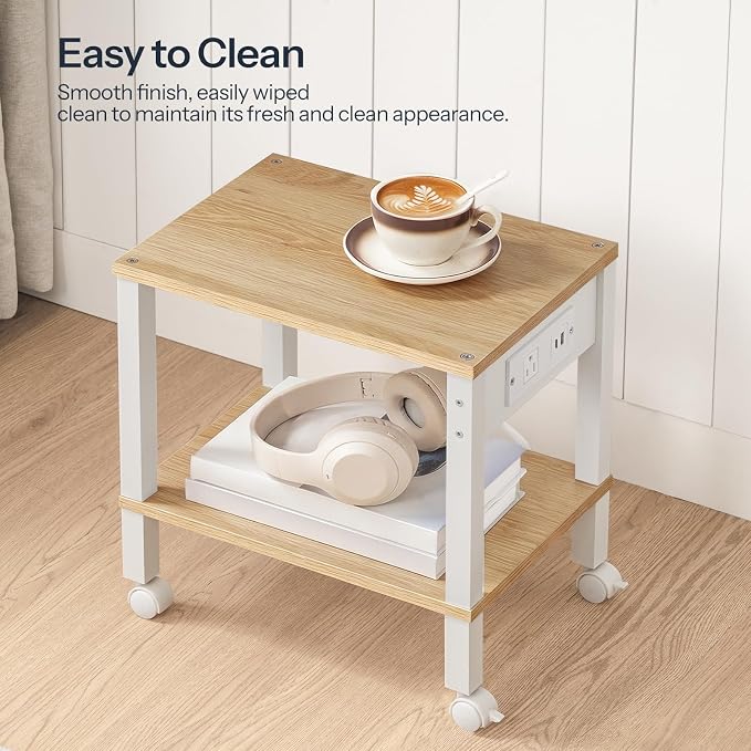 HOOBRO 2-Tier Printer Stand with Charging Station, Under Desk Printer Table, Printer Cart with Storage Shelves, Shelf for Small Spaces, for Home Office, Natural WN38UPS01