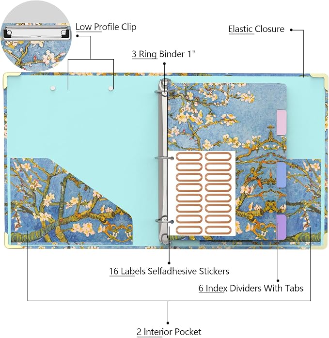 Almond Tree 3 Ring Binder - 1 Inch Round with 6 Tab Dividers, 2 Interior Pockets, Cute Clipboard for School & Office
