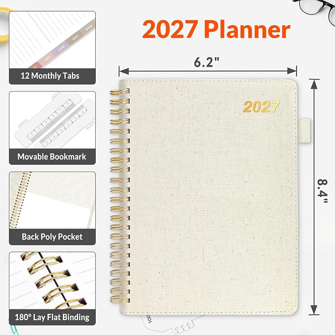SUNEE 2027 Weekly & Monthly Planner 6.2"x8.5"- 12 Month (January 2027 - December 2027), Vegan Leather Cover, Pocket, Bookmark, Notes, Monthly Tab, Beige