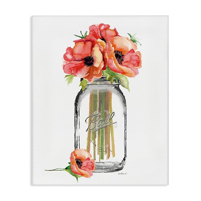 Mason Jar Poppies Floral Still Life, 24 x 30 Inch Canvas Wall Art | Stupell Industries · By Amanda Greenwood · Ready to hang · Ideal for cottage decor · Made in USA