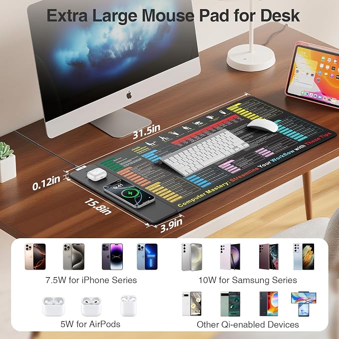 Excel Cheat Sheet Mouse Pad with Magnetic Wireless Charging, 31.5 x 15.8 in | Extended Excel Shortcuts Desk Writing Pad, Waterproof Ultra-Smooth Keyboard Mat, Non-Slip Base