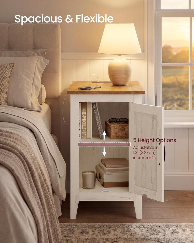 VASAGLE Side Table with Charging Station and Storage Cabinet, Nightstand | Farmhouse Narrow End Bedside Table for Living Room Bedroom Office, Rustic White and Honey Brown, LIRY Collection ULET131W101S