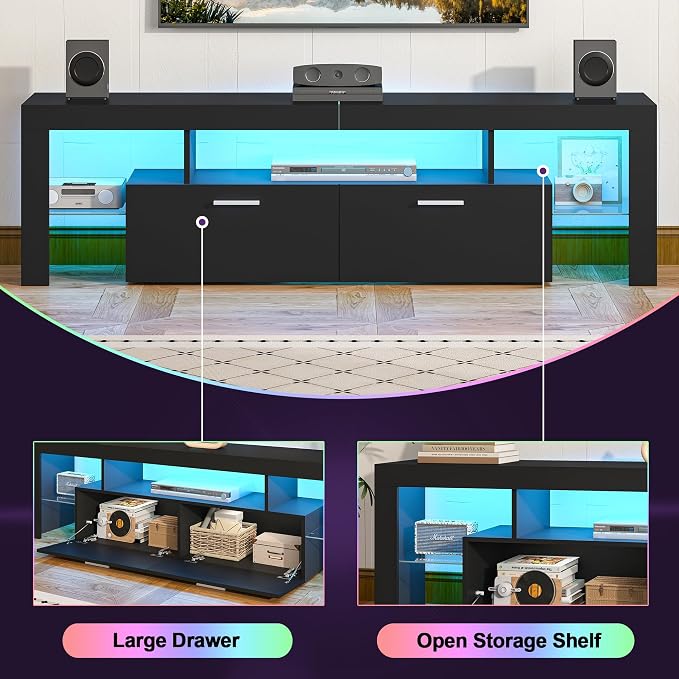Clikuutory Modern Lighting 63 inch TV Stand with Large Storage Drawer for 50 55 60 65 70 75 Inch TVs, TV Console with 20 Color LED Lights, Entertainment Center Media and Open Shelf for Bedroom, Black