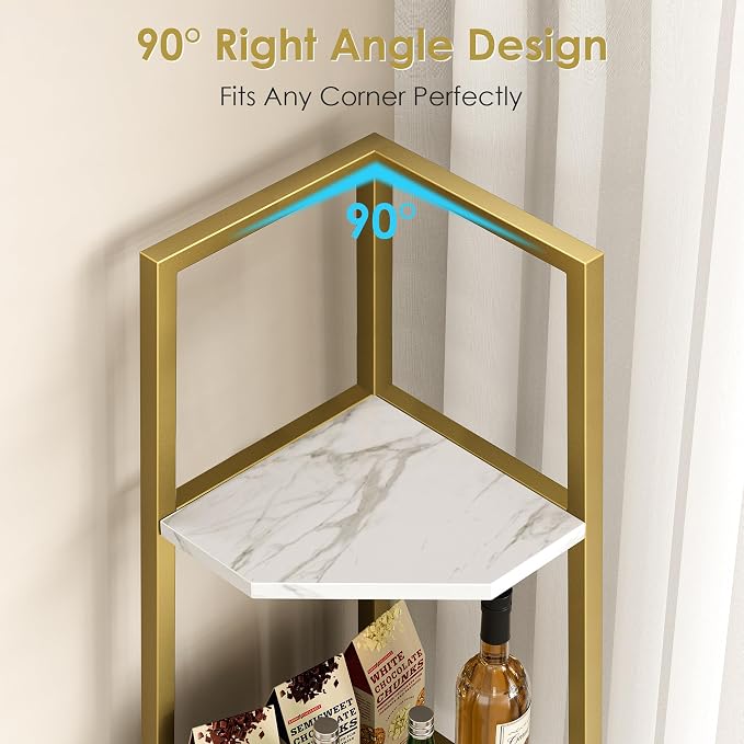 VECELO 6 Tier Corner Shelf 69 Inch Industrial Bookshelf with Metal Frame, Multipurpose Tall Plant Stand with Opening Display Shelves for Living Room, Bedroom, Home Office, Small Space, Gold