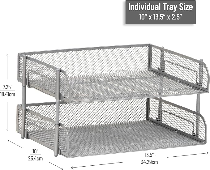 Mind Reader 2-Tier Stackable Paper Tray, Desktop Organizer for Letter-Size Documents, Office File Storage, Metal Mesh, Set of 2, Silver