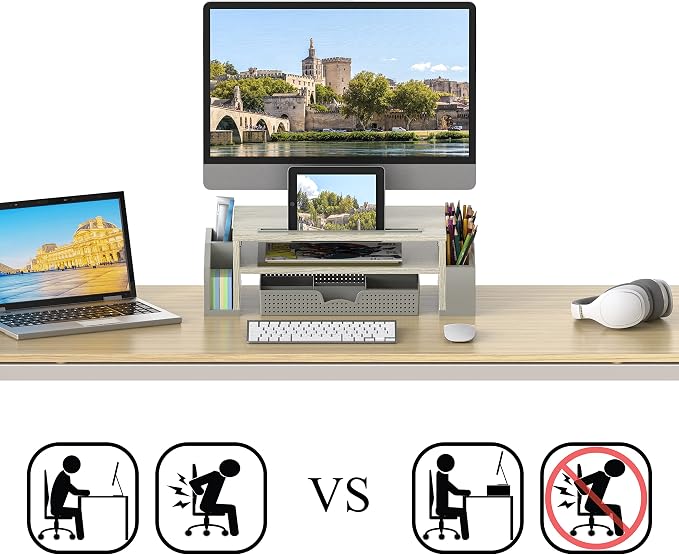 Simple Houseware Desk Monitor Stand Riser w/ Adjustable Tray, Maple | Built-In Tablet Slot and Side Storage