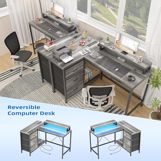 Garvee L-Shaped Computer Desk with Power Outlets & LED Lights - 43-Inch Reversible Corner Gaming Desk with 3 Drawers, Storage Shelves & Removable Monitor Stand, Modern Home Office Desk