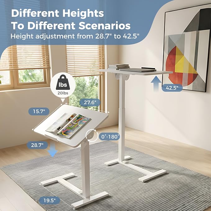 DUMOS Overbed Table with Wheels, Height-Adjustable Bedside Table, White | Rolling standing desk with Pneumatic Lift, Portable mobile desk for Bed, Couch, Office, Sofa