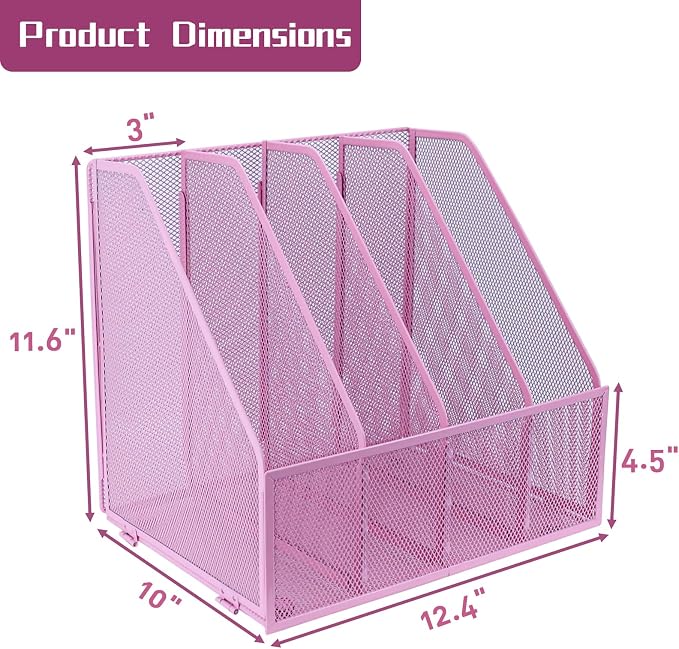 Desk Organizers, Metal Magazine File Holder with 4 Vertical Compartments Rack Binder File Organizer for Office Supplies, Home Workspace - Pink