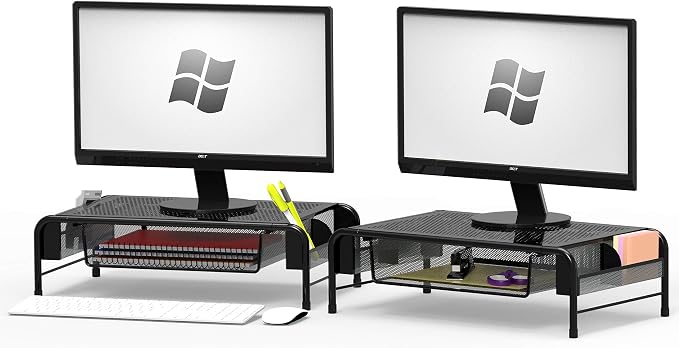Simple Houseware Metal Desk Monitor Stand Riser w/ Drawer, 2-Pack, Black | Side Storage for Office Supplies