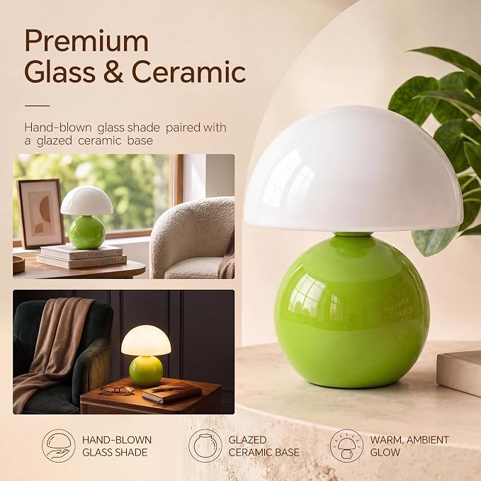 Mushroom Lamp Table Lamp for Bedroom-Small Desk Table Lamps,Green | 8.7" Mid Century Modern Table Lamps for Living Room Bedroom Decor,Cute Ceramic Lamps for Mushroom Home Room Decor,Glass Shade