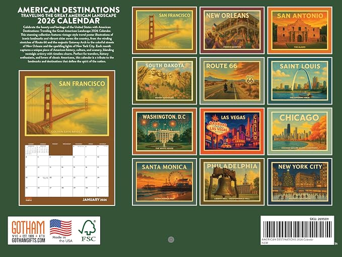 America Vintage Travel Poster Calendar 2026 12 Month | American Made In The USA