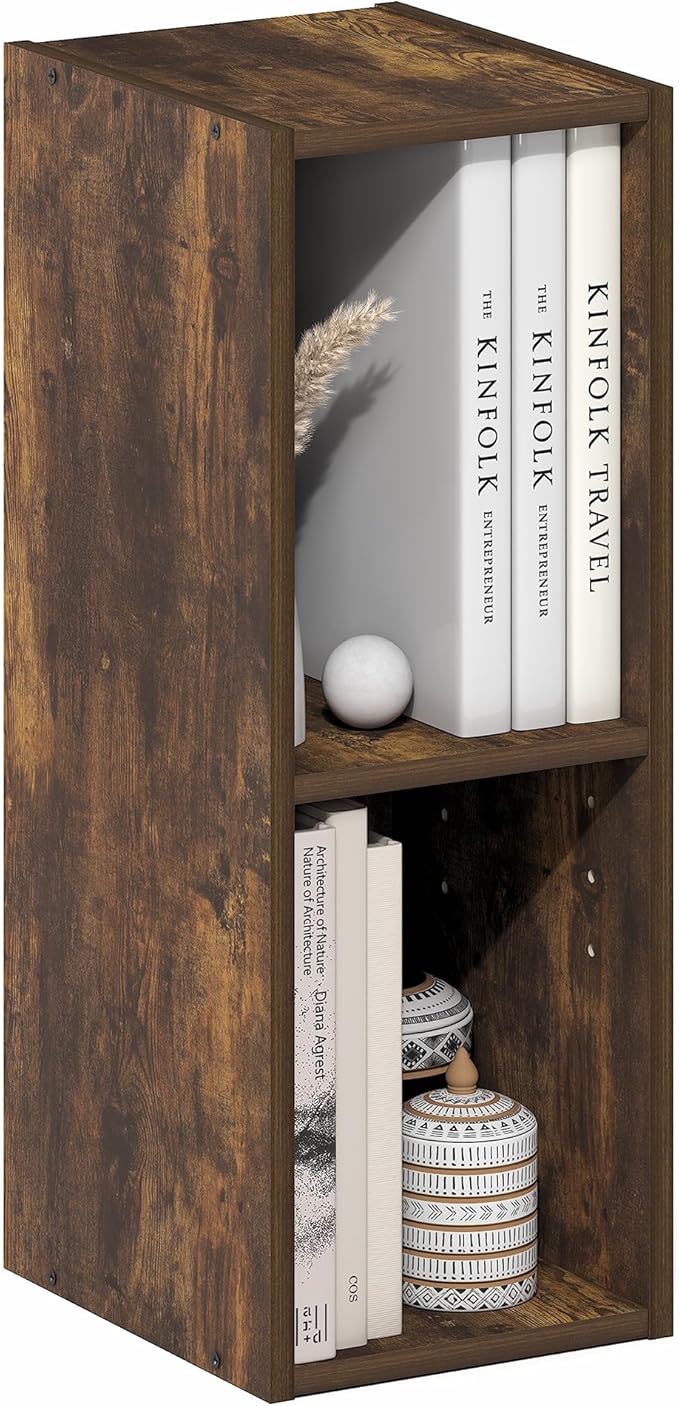 Furinno Fulda Book Shelf, 2-Tier Narrow Bookshelf, Bookcase with 8-in Width Storage Shelf, 9.3 x 7.9 x 21.2, for Living Room, Bedroom, Home Office, Amber Pine