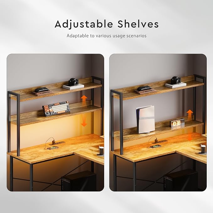 L Shaped Gaming Desk, Reversible with LED Lights, Shelves, Brown | Reversible, LED lights, Charging, Monitor stand