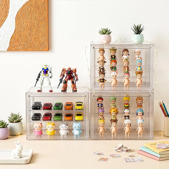 2 Pack Clear Acrylic Display Case, 3 Tier Small Adjustable Display Box, Collectible Showcase with Magnetic Door, Figure Storage Shelf, Stackable Purse Organizer for Closet, Book, Cosmetic