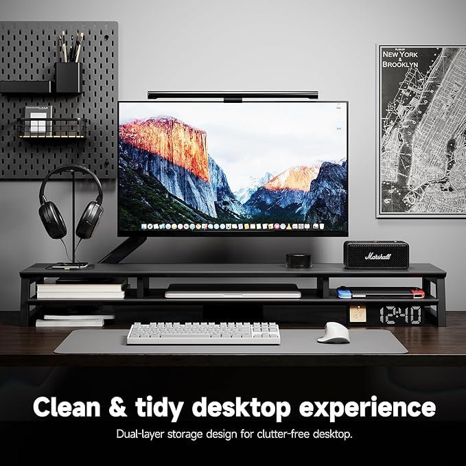 Dual Monitor Stand Riser for Desk, 41.7 Inch Large 2 Tier Computer Monitor Stand for 2 Monitors, Desktop Storage Organizer Shelf with Keyboard Space for Laptop PC Printer, Black