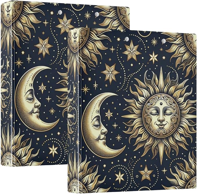 3 Ring Binder, Golden Sun Moon Stars Boho File Folder Holds 200 Sheets File Storage for Women Men School Office Supplie