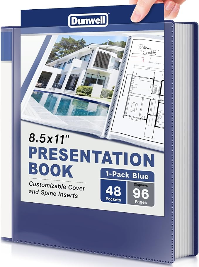 Dunwell Presentation Binder 48-Pocket, Displays 96 Pages, 8.5x11 Portfolio Binder with Plastic Sleeves, Storage and Organizer for Documents, Photos, Kids Artwork, Projects, Recipes (Blue)