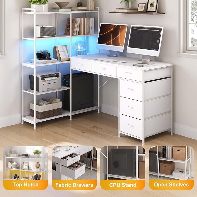 L Shaped Gaming Desk with Power Outlet & RGB Lights, Corner Computer Desk with 6 Drawers 5-Tier Shelves, PC Workstation with USB/Type-c Charging for Home Office, White