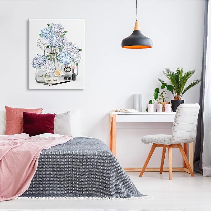 Glam Hydrangea Perfume Bottle Still Life, 30 x 40 Inch Canvas Wall Art | Stupell Industries · By Ziwei Li · Ready to hang · Chic fashion inspired decor for bedroom or office · Made in USA
