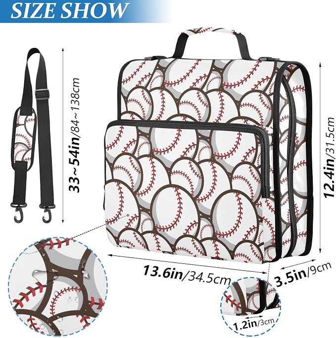 Ball Baseball White Print Zipper Binder Bag 3 Ring with Shoulder Strap & Handle Multi Pocket Binder Organizer Bag Large Capacity for School Office Supplies