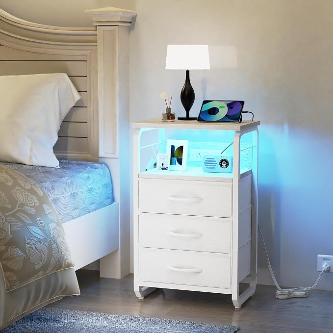 runjuly End Table Small with LED Light, Charging Station, and Hooks, White | 3 Fabric Drawer Storage, Type C & USB Ports & Power Outlets, Modern Nightstand for Living Room / Bedroom / Dorm