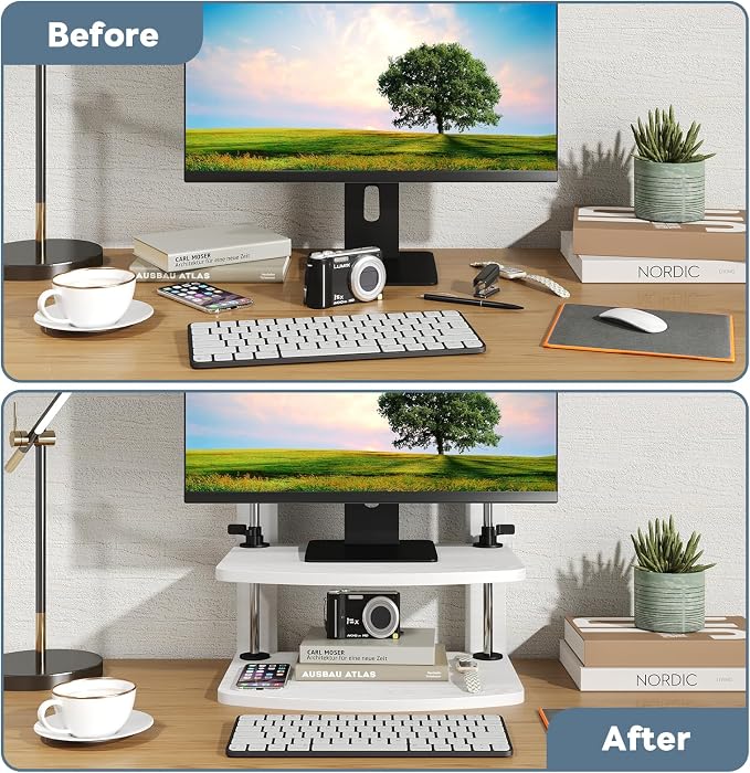 Computer Monitor Stand Riser for Reduced Neck Strain, Adjustable Height Desk Shelf Organizer Monitor Riser Stand for PC Monitor - Not for Laptop - Withe - Wood Grain, MR01-M