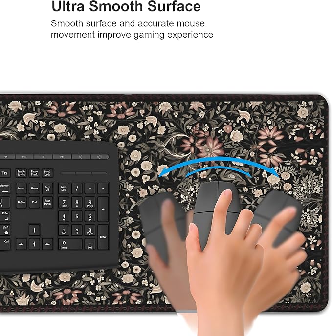 Floral Aesthetic Wildflower Gaming Mouse Pad, Black Rug Desk Mat with Anti-Slip Base & Stitched Edges,35.4" x 15.7" in Desk Accessories for Women, Home Office Decor & Artistic Gift