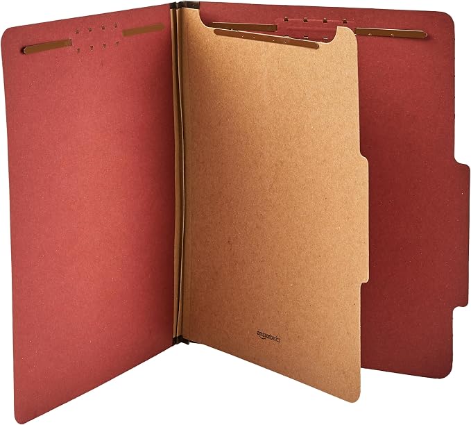Amazon Basics Classification File Folder, 1 Divider, 2" Embedded Fasteners, Letter Size, 100% Recycled Material, Red, 10 Count (Pack of 2)