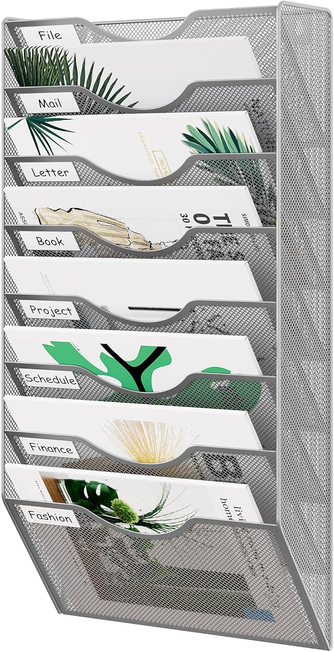 EasyPAG 8 Pocket Mesh Wall File Organizer, Hanging Paper Folder Holder with Classify Label, Vertical Wall Mount Mail Organizer for Office Home Classroom, Silver