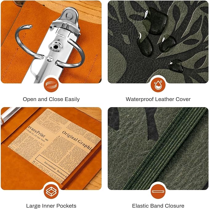 OVESMUSL 2 Pack PU Leather 3 Ring Binder, 1.5 Inch Green Brown | Fits 8.5x11 letter paper, holds 350 sheets, loose leaf organizer