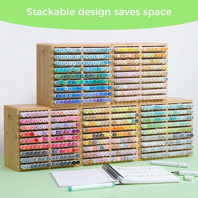 Ohuhu Bamboo Marker Organizer, Wooden Desktop Storage Holds 126 Markers | Markers Pens Pencils Art Brushes Stationary Organizer Pencil Holder with 18 Compartments for Classroom Office Decor Home