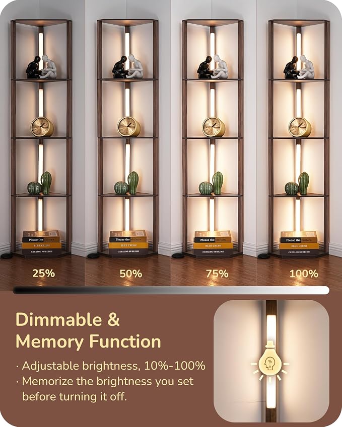 EDISHINE Dimmable LED Floor Lamp with Shelves, Corner Floor Lamps for Living Room, Corner Shelf with LED Light, 3CCT, Modern Standing Lamp, Floor Lamp for Bedroom, Office, Walnut | 4-Layer Shelf, Foot Switch, Rotatable Light Bar, Modern Corner Lamps fo...