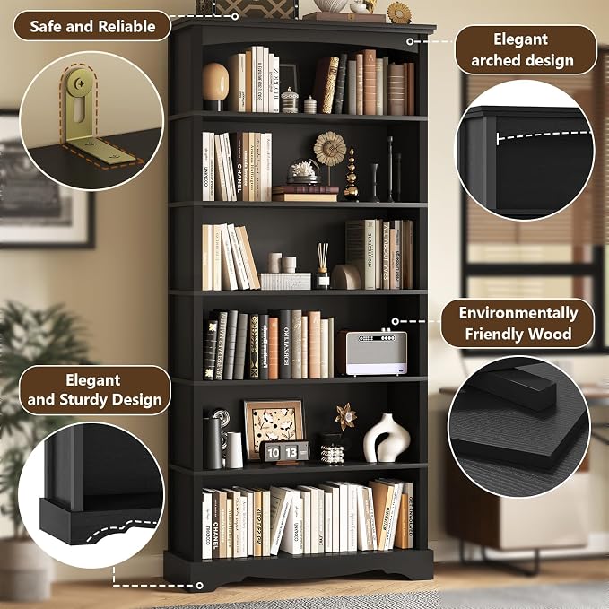 TVU 6-Tier Wooden Bookshelf, 76 Inch Tall Bookshelf with Storage, Floor Standing Modern Style Display Bookcase for Living Room, Office, Study Room, Entryway, Black