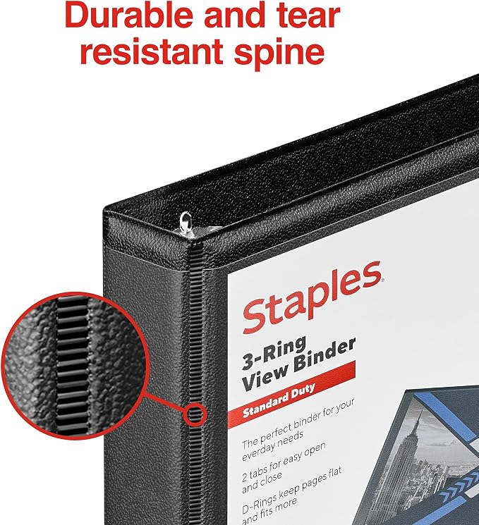 Staples 1/2" 3-Ring View Binder, D-Ring, Black, 4/Pack