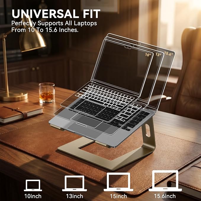SOUNDANCE Laptop Stand, Aluminum Computer Riser, Ergonomic Laptops Elevator for Desk, Metal Holder Compatible with 10 to 15.6 Inches Notebook Computer, Gold