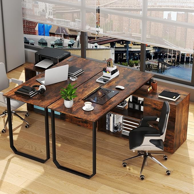 Giantex 55 Inch L-Shaped Desk with Charging Station, Reversible Computer Desk with 3 Drawers, Adjustable Shelf, Large Computer Workstation, Corner Desk for Small Spaces, Home Office (Rustic Brown)