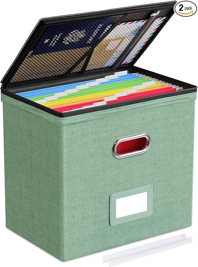 Oterri File Box Small 1-Pack Mesh Pockets Hanging Organizer for Letter-Size | Dustproof Lid. 3 Mesh Pockets. Collapsible Scratch-Resistant GRS Linen. Slide Rails. Office, Home, Dorm
