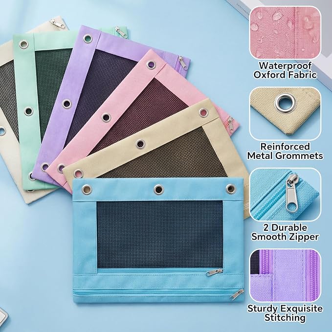 Lanpn 72 Pcs Pencil Pouch for 3 Ring Binder, 2 Pocket Zipper Binder Pouch Bulk, Pastel Binders Pencil Case, School Supplies for Boy Girl Student, Reinforced Grommets, Clear Window, Micro Mesh
