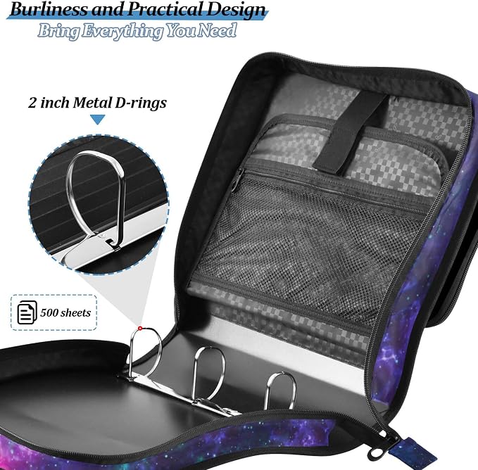 Fisyme Space Galaxy Zipper Binder 3 Ring with Zipper and Shoulder Strap Large Capacity Multi-Pocket Zipper Binder Organizer