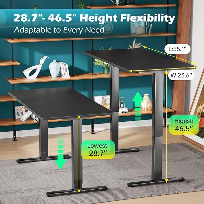 PayLessHere 55 Inch Electric Standing Desk Computer Desk with Large Space and Headphone Holder Office Desk with Electric Lifting and 2 Memory Function for Office Meeting Room,Black