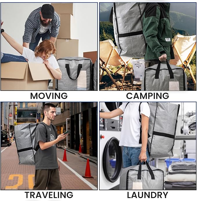 TAILI 4 Pack Gray Moving Bags w/Adjustable Backpack Straps, Moving Supplies, Moving Boxes Alternative, Heavy Duty Storage Totes for College Packing, Camping Backpack for Travel, Dorm, Laundry