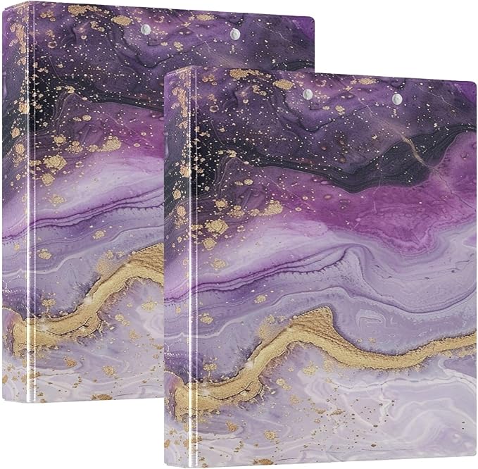 Purple Round Ring Binders 1.5 Inch White Pink Gold Marble Tie Dye 3 Ring Clipboard Binder for Office School Work Supplies File Folder Document 200 Sheet Capacity Easy Open 2 Pieces