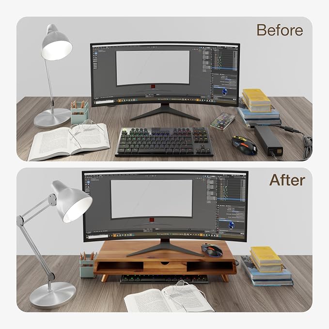 Tinamo Acacia Monitor Stand with Drawer, Multi-Purpose Storage (Patented) | Acacia Wood, Fits Monitors up to 32", Built-in Drawer, Hidden Storage, Non-slip, Round Edge, Ergonomic Height, Easy Assembly