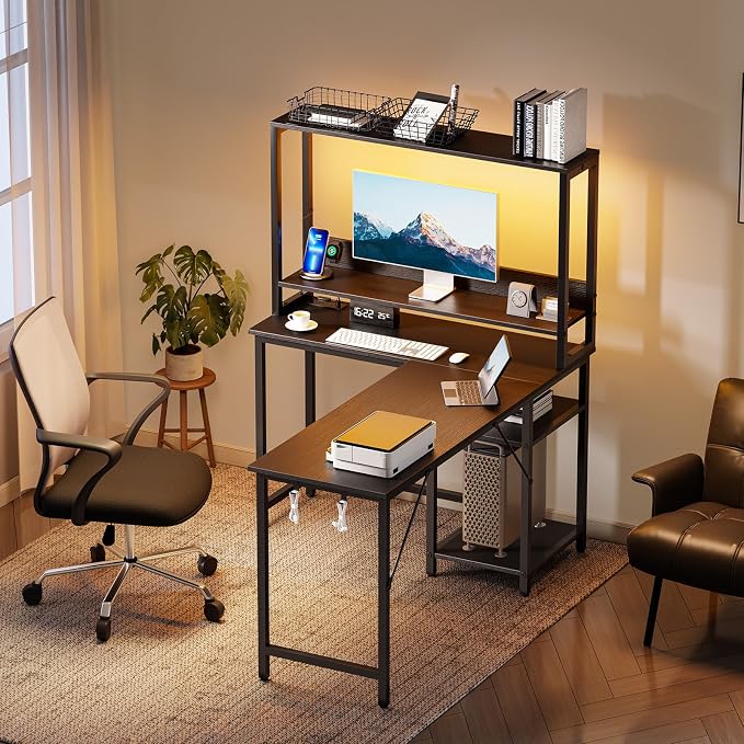 DUMOS L Shaped Desk, Gaming Desk, Power Outlet, 53 Inch | Reversible Corner Computer Table, Adjustable Shelf CPU Stand, Home Office Writing Table, LED, Black